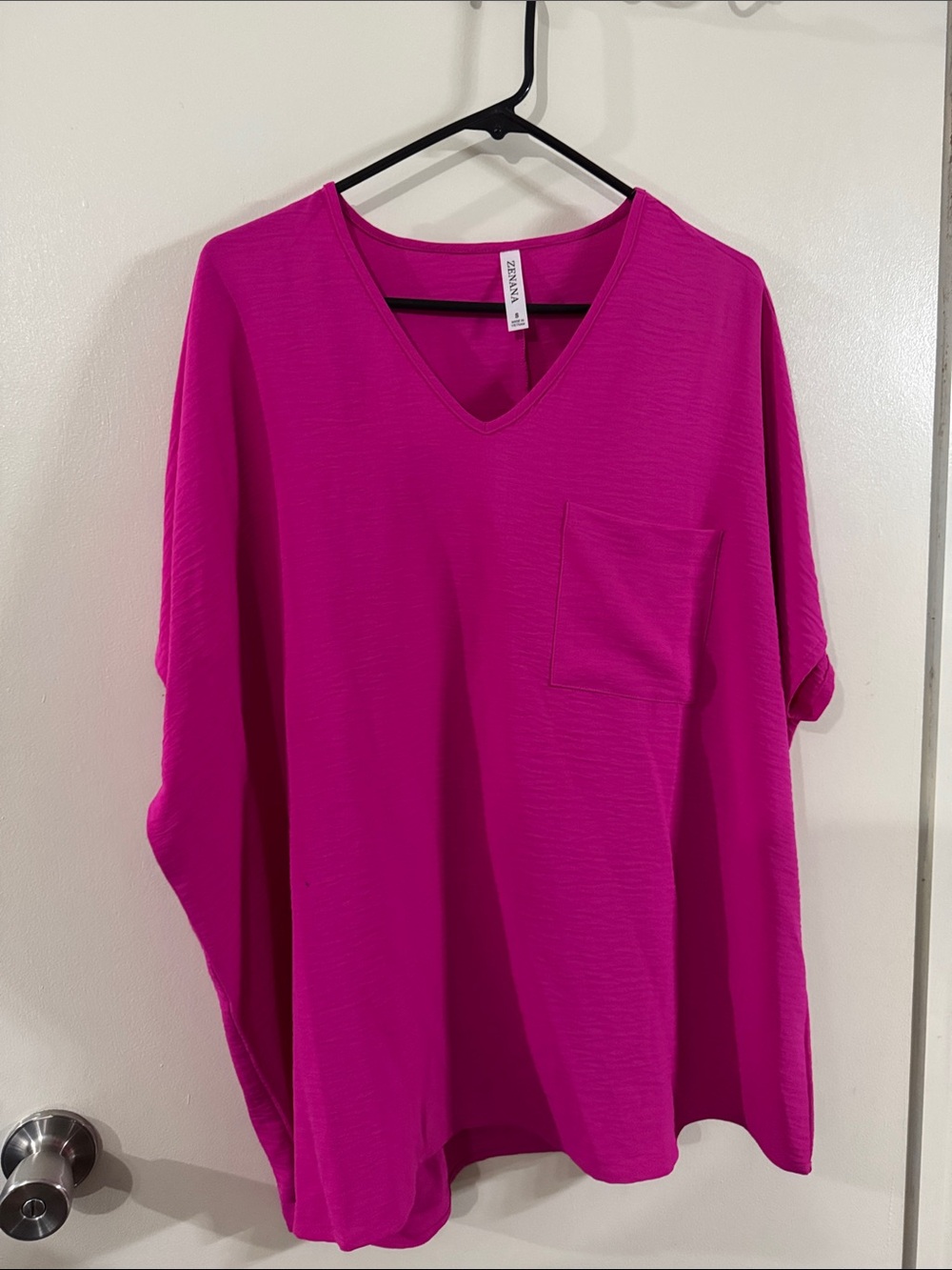 Zenana Outfitters Oversized V‑Neck Pocket Tee - Fuchsia Pink